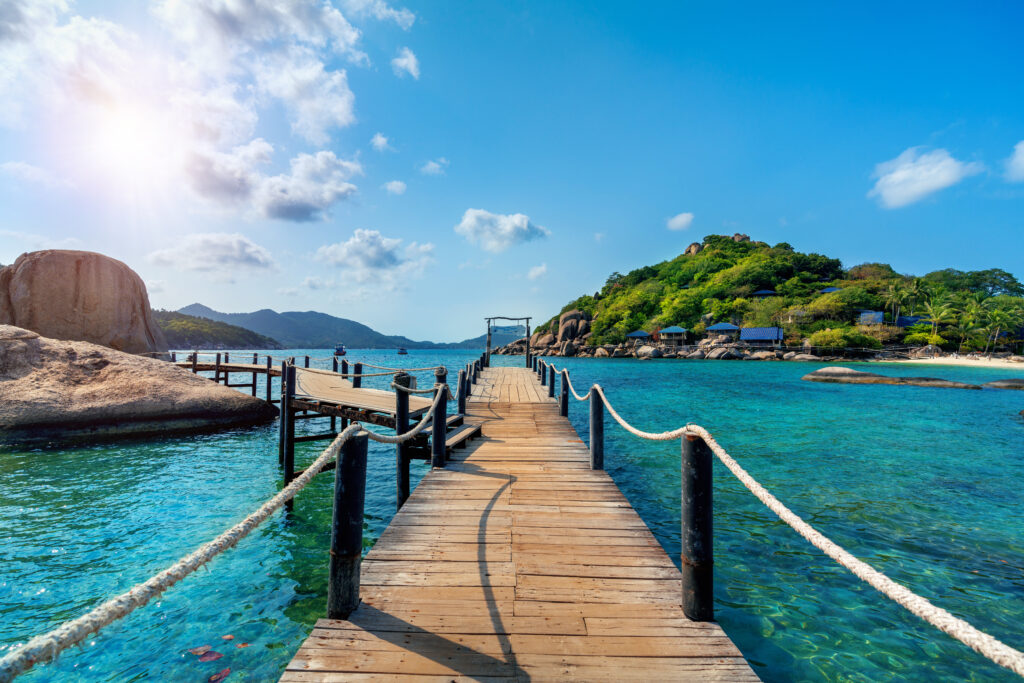 wooden bridge at koh nangyuan island in surat thani, thailand.